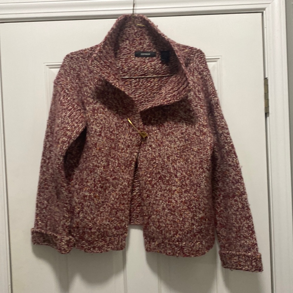 Express women’s sweater. Fastens with gold safety pin.